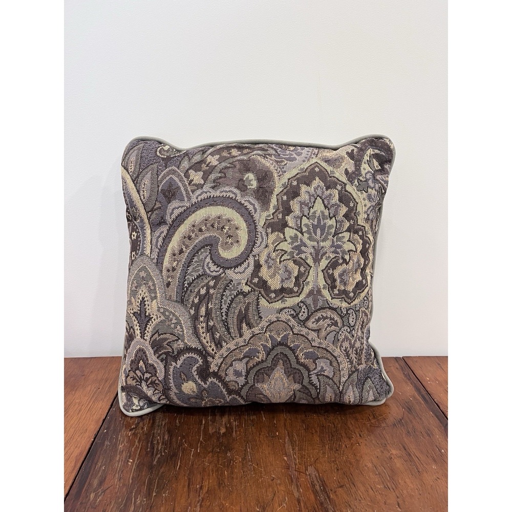 15"x15" Designer Pillow Exotic Paisley Tapestry Grey Greens, Cream, Earthy Tans
